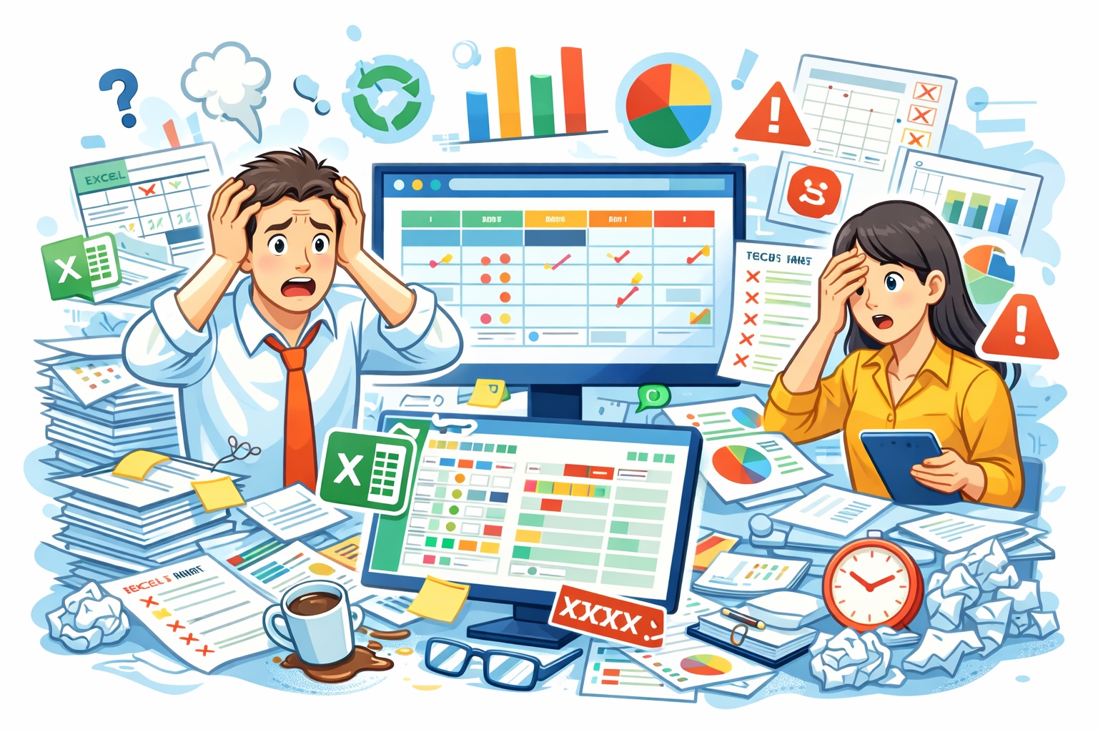 業務システム導入前のExcel管理の課題イメージ - 二重入力・更新漏れの解消